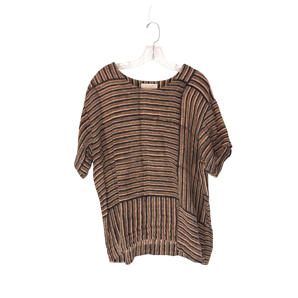 Voloshin Shirt Women's Brown Black Striped Cotton Lagenlook Short Sleeve Medium